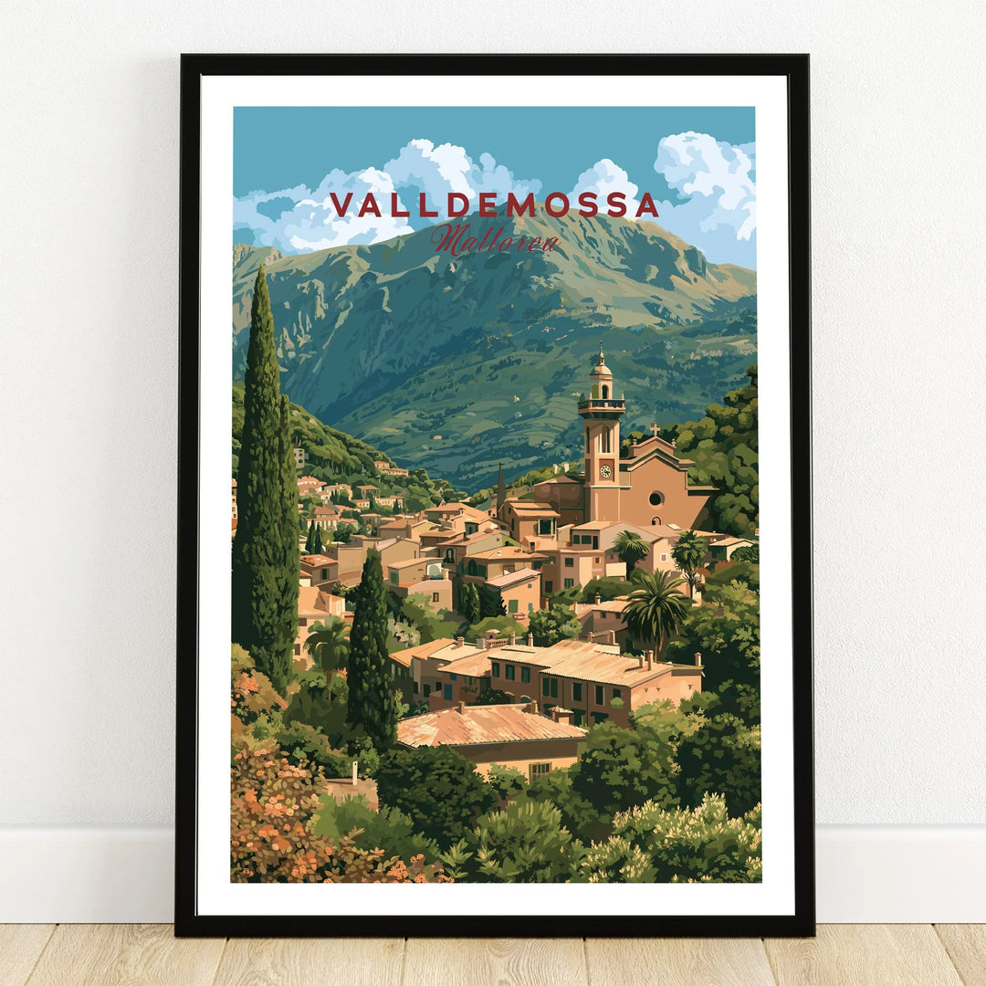 Valldemossa Mallorca Hillside Village Travel Poster — art print in black frame on wooden floor