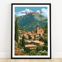 Valldemossa Mallorca Hillside Village Travel Poster — art print in black frame on wooden floor