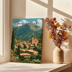Valldemossa Mallorca Hillside Village Travel Poster — canvas print window setting with shadows flowers