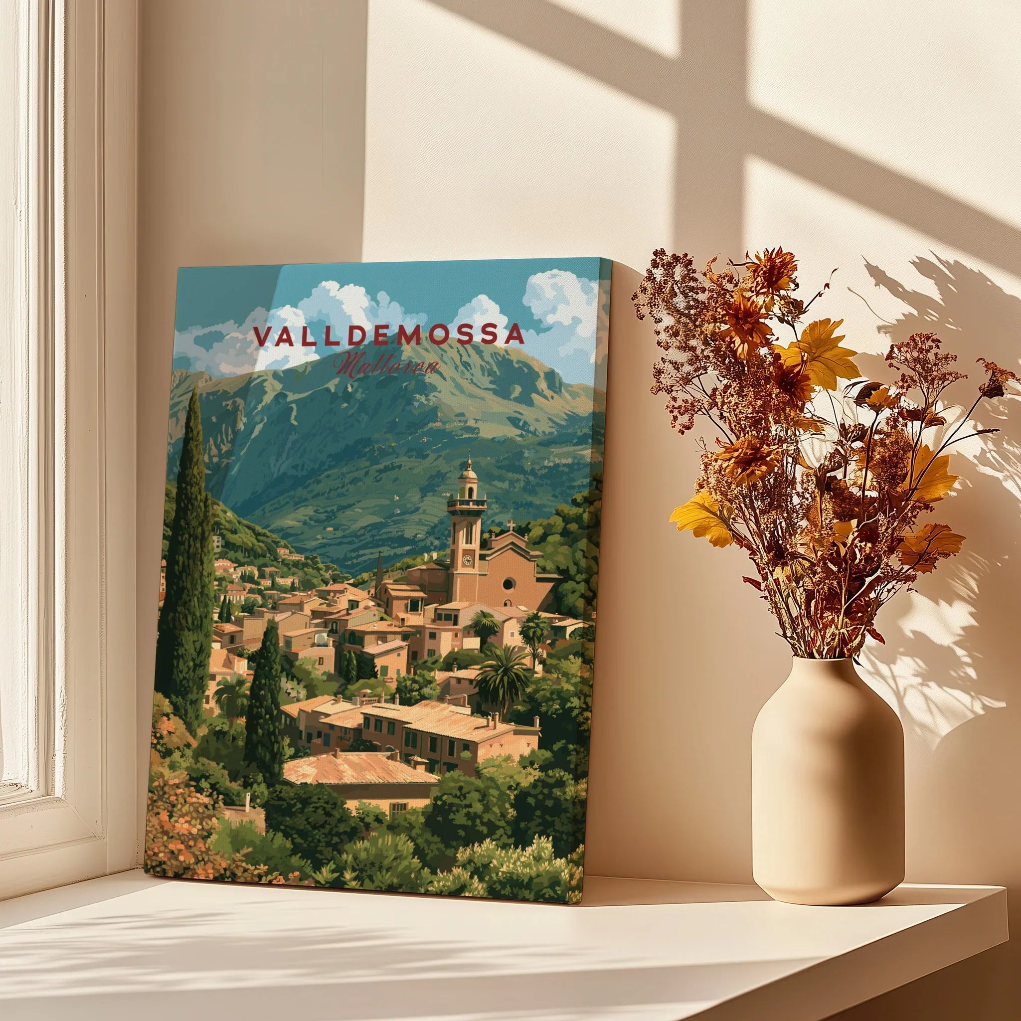 Valldemossa Mallorca Hillside Village Travel Poster — canvas print window setting with shadows flowers