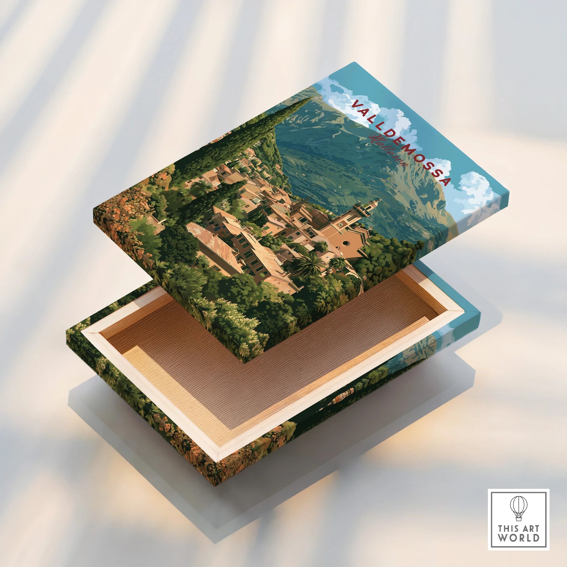 Valldemossa Mallorca Hillside Village Travel Poster — stretched canvas print floating detail mirror edge