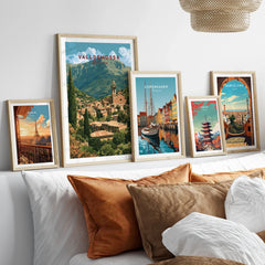 Valldemossa Mallorca Hillside Village Travel Poster — set five framed artprints above bed natural wood frames