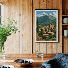 Valldemossa Mallorca Hillside Village Travel Poster — black framed art print kitchen setting