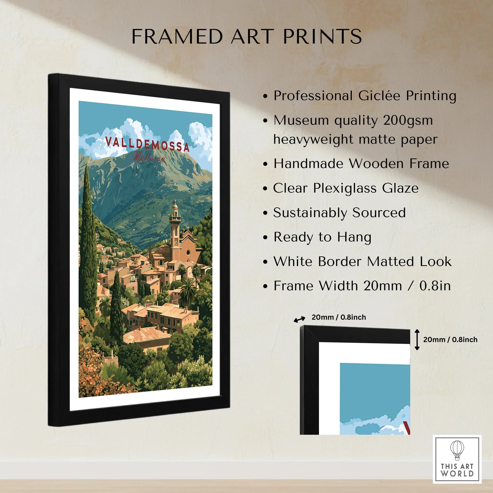 Valldemossa Mallorca Hillside Village Travel Poster — framed print details measurements quality details