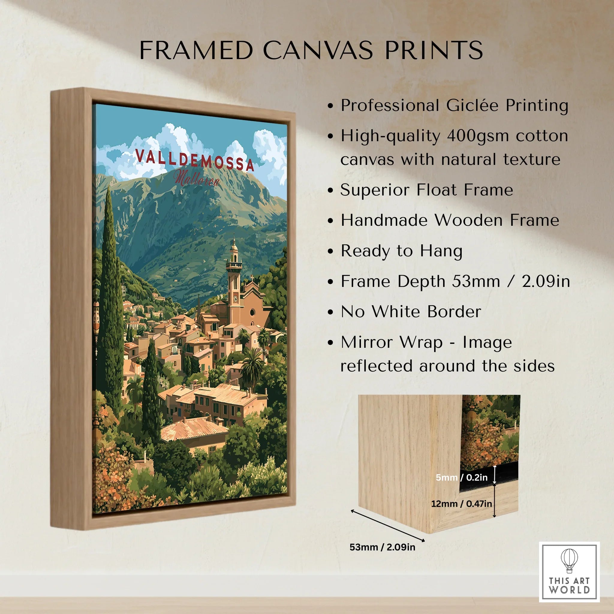 Valldemossa Mallorca Hillside Village Travel Poster — framed canvas float frame details quality