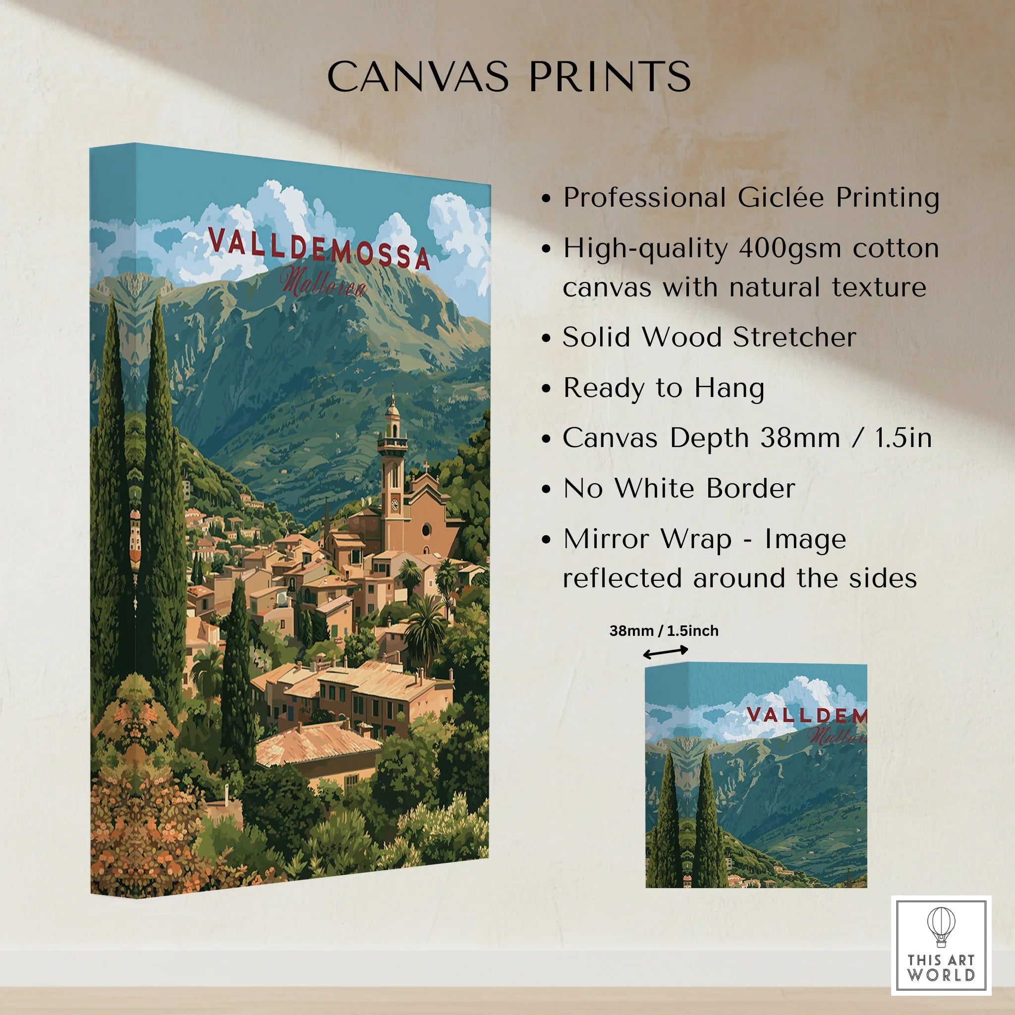 Valldemossa Mallorca Hillside Village Travel Poster — canvas print stretched cotton canvas details