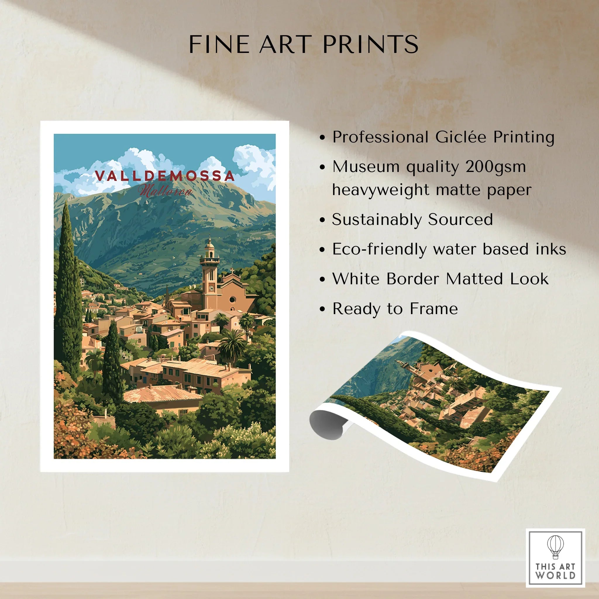 Valldemossa Mallorca Hillside Village Travel Poster — fine art print unframed quality details