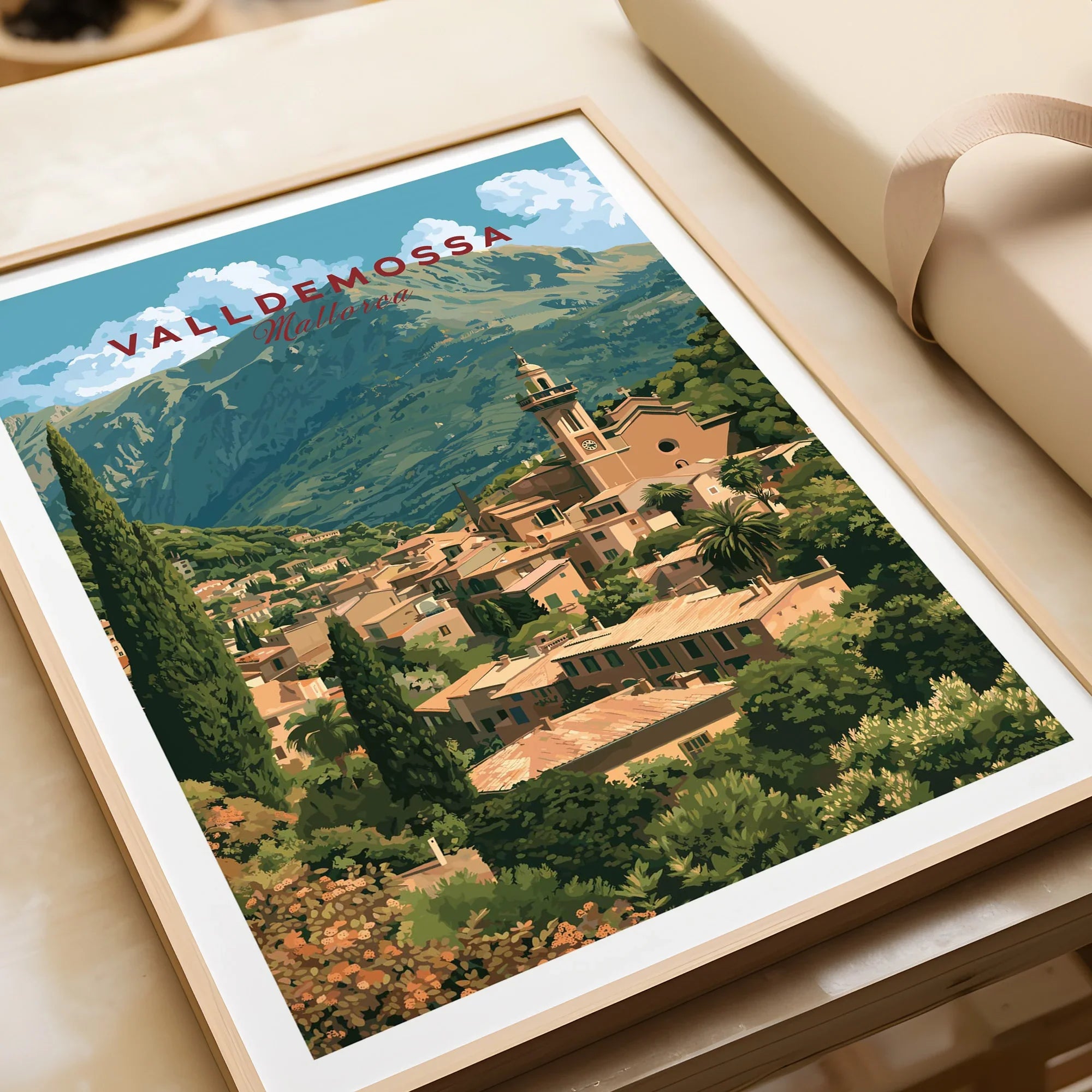 Valldemossa Mallorca Hillside Village Travel Poster — framed art print closeup gift unwrapped natural frame