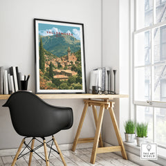 Valldemossa Mallorca Hillside Village Travel Poster — framed poster black frame on office desk modern