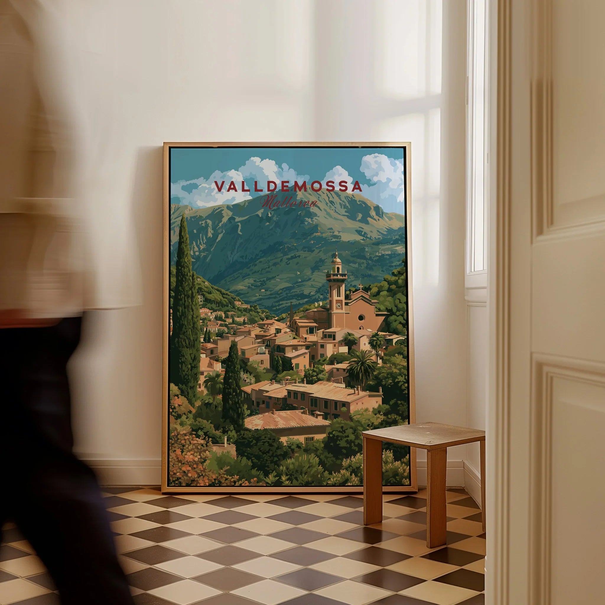 Valldemossa Mallorca Hillside Village Travel Poster — framed canvas on floor man walking past