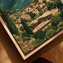 Valldemossa Mallorca Hillside Village Travel Poster — closeup framed canvas natural wood floating frame