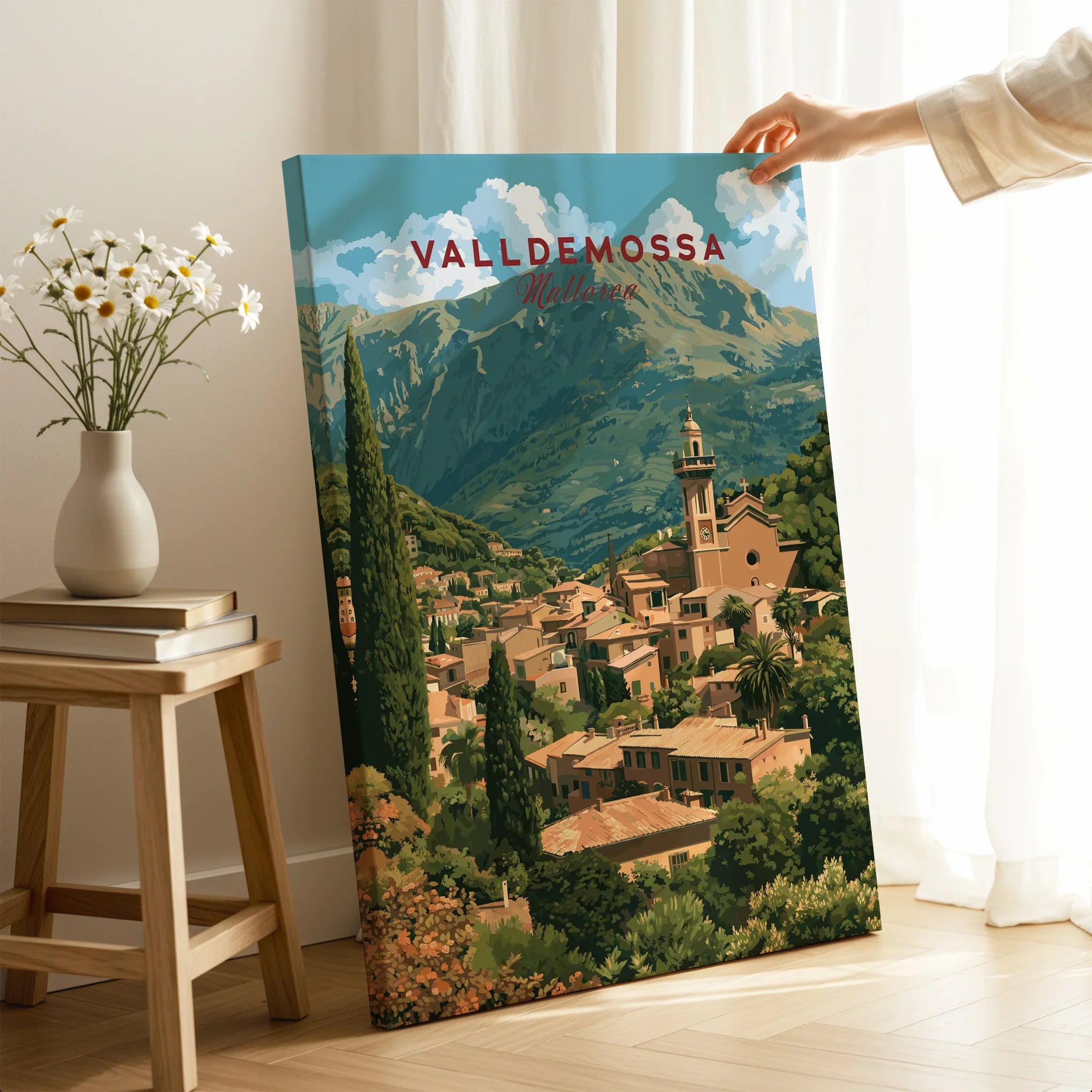 Valldemossa Mallorca Hillside Village Travel Poster — canvas print mirror edge hand holding room setting