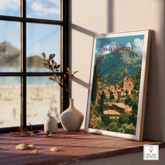 Valldemossa Mallorca Hillside Village Travel Poster — framed print window view natural wood frame