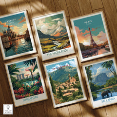 Valldemossa Mallorca Hillside Village Travel Poster — set six framed art prints wooden floor natural wood frames