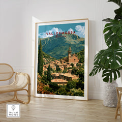 Valldemossa Mallorca Hillside Village Travel Poster — large framed print room setting chair plant