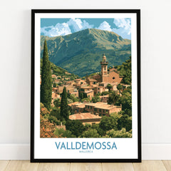 Valldemossa Mallorca Village Rooftops Wall Art — art print in black frame on wooden floor