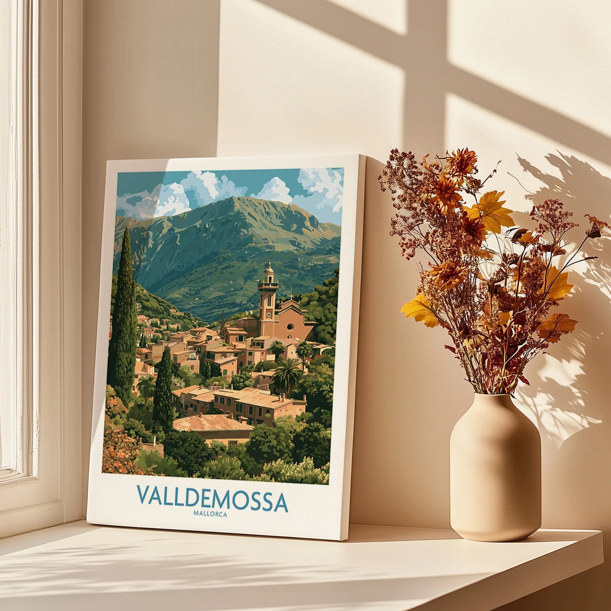 Valldemossa Mallorca Village Rooftops Wall Art — canvas print window setting with shadows flowers