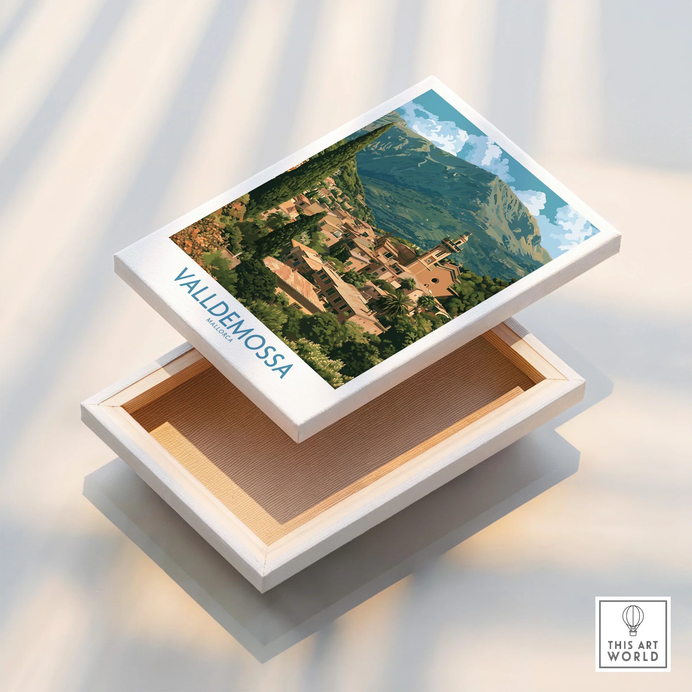Valldemossa Mallorca Village Rooftops Wall Art — stretched canvas print floating detail mirror edge