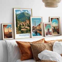 Valldemossa Mallorca Village Rooftops Wall Art — set five framed artprints above bed natural wood frames