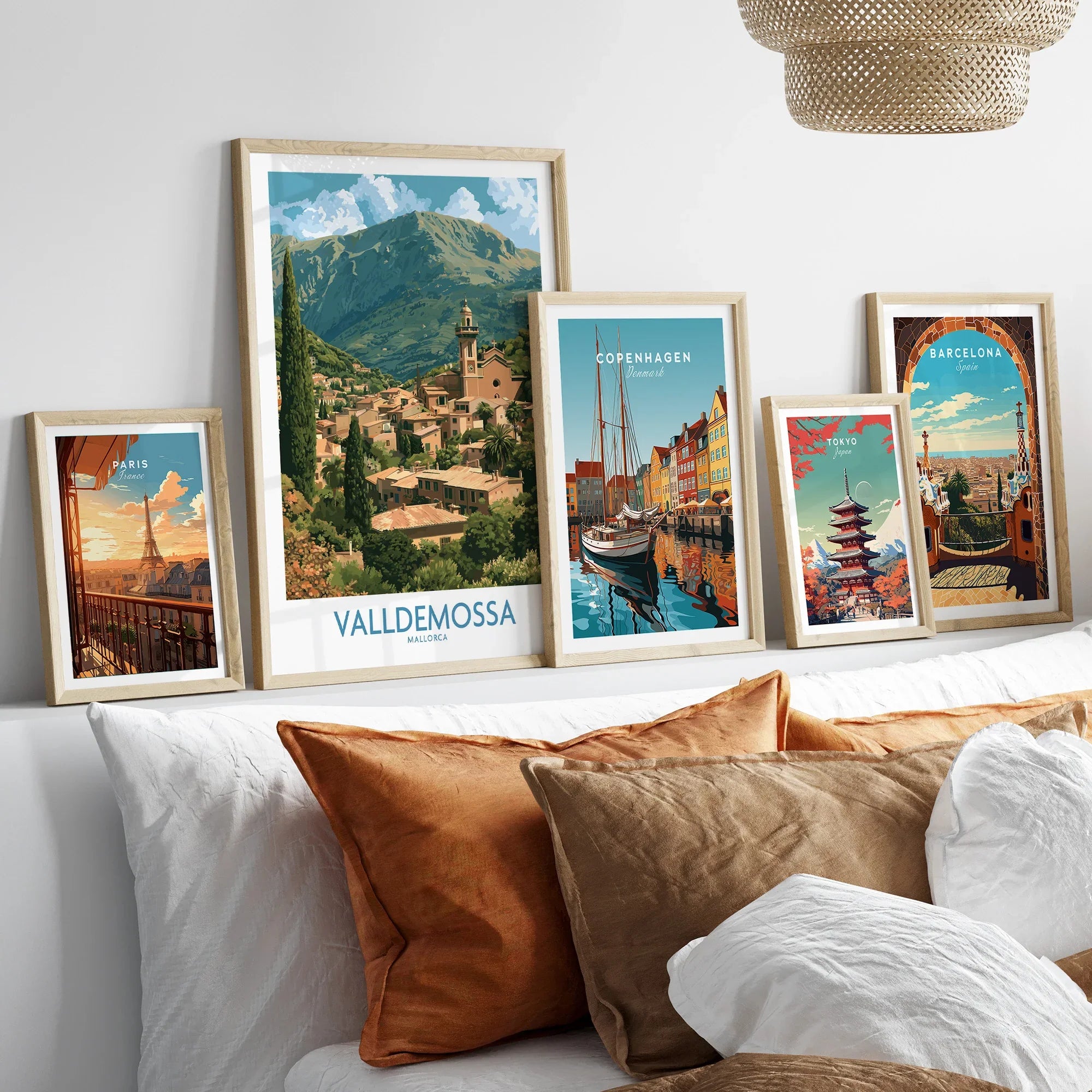 Valldemossa Mallorca Village Rooftops Wall Art — set five framed artprints above bed natural wood frames