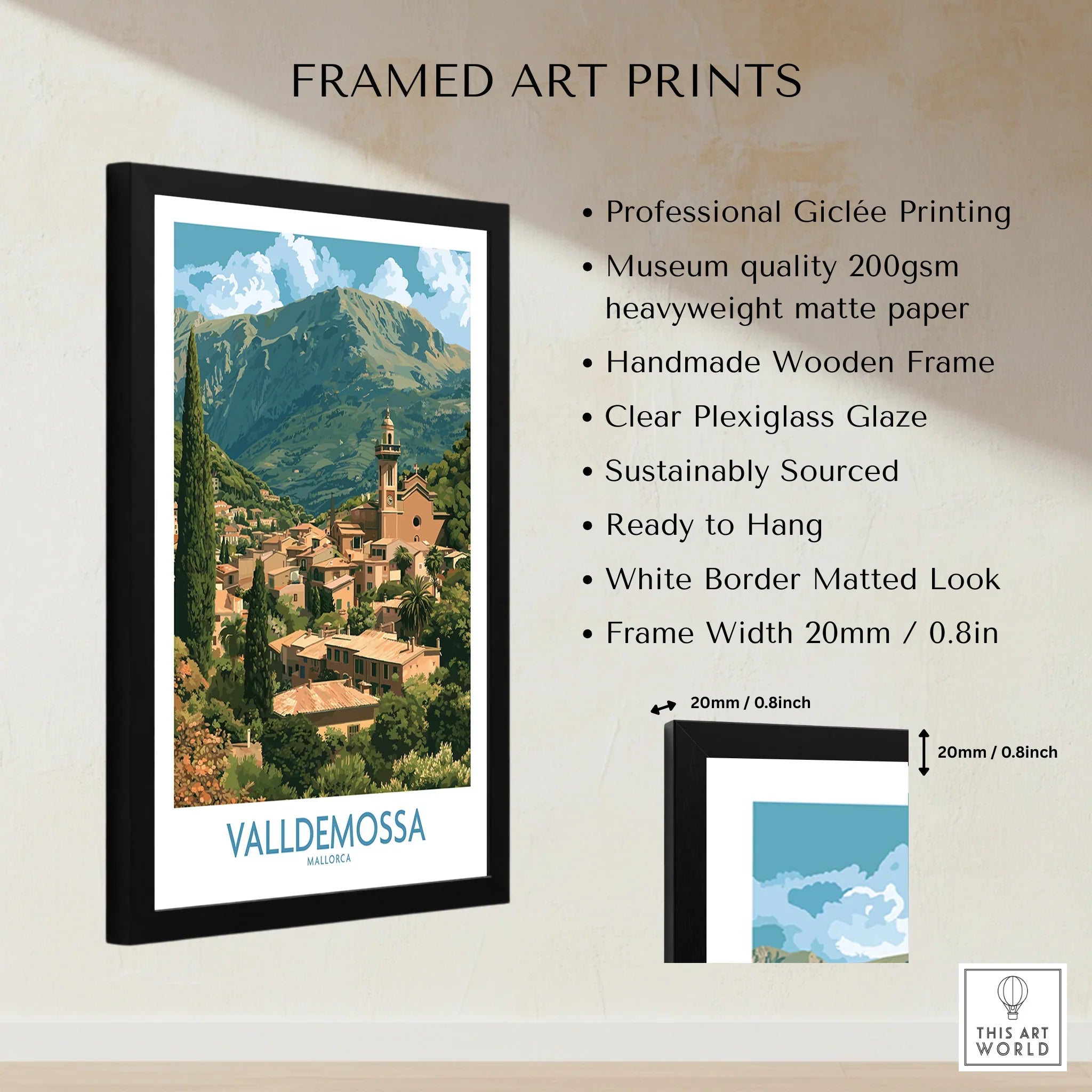Valldemossa Mallorca Village Rooftops Wall Art — framed print details measurements quality details