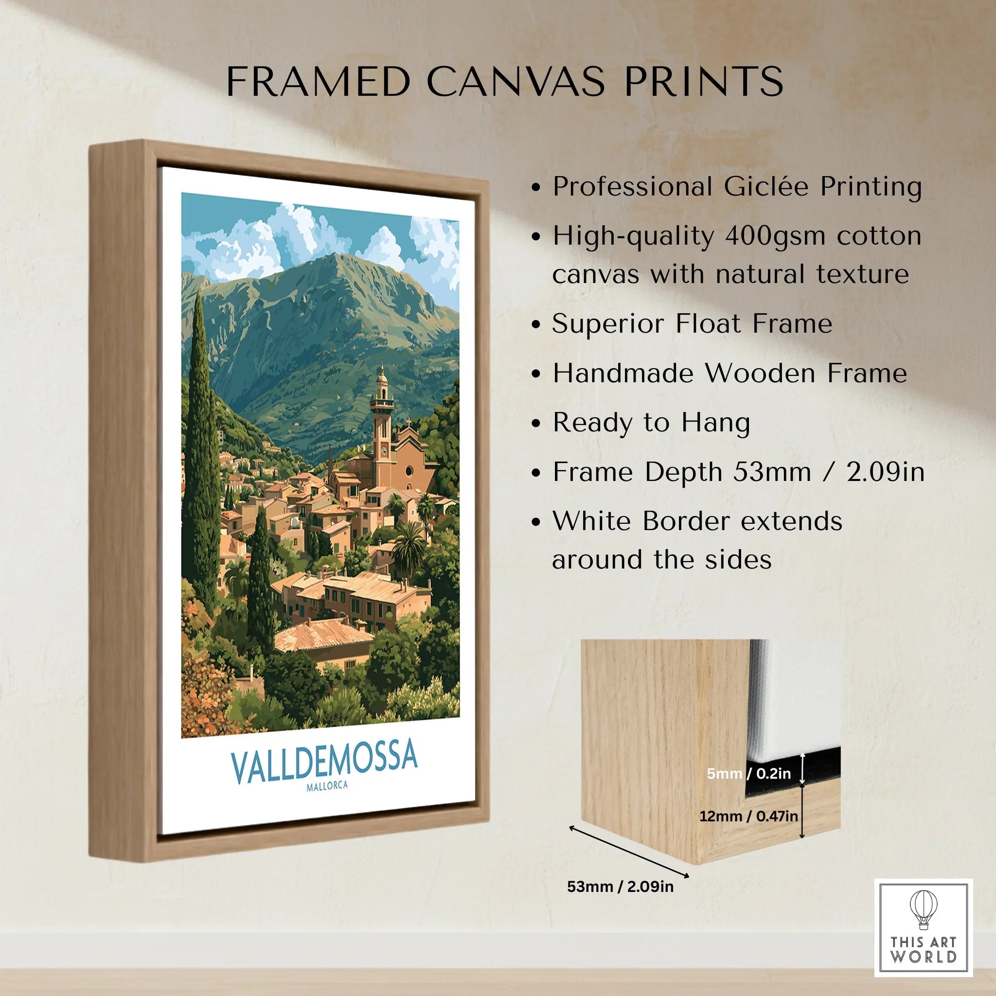 Valldemossa Mallorca Village Rooftops Wall Art — framed canvas float frame details quality