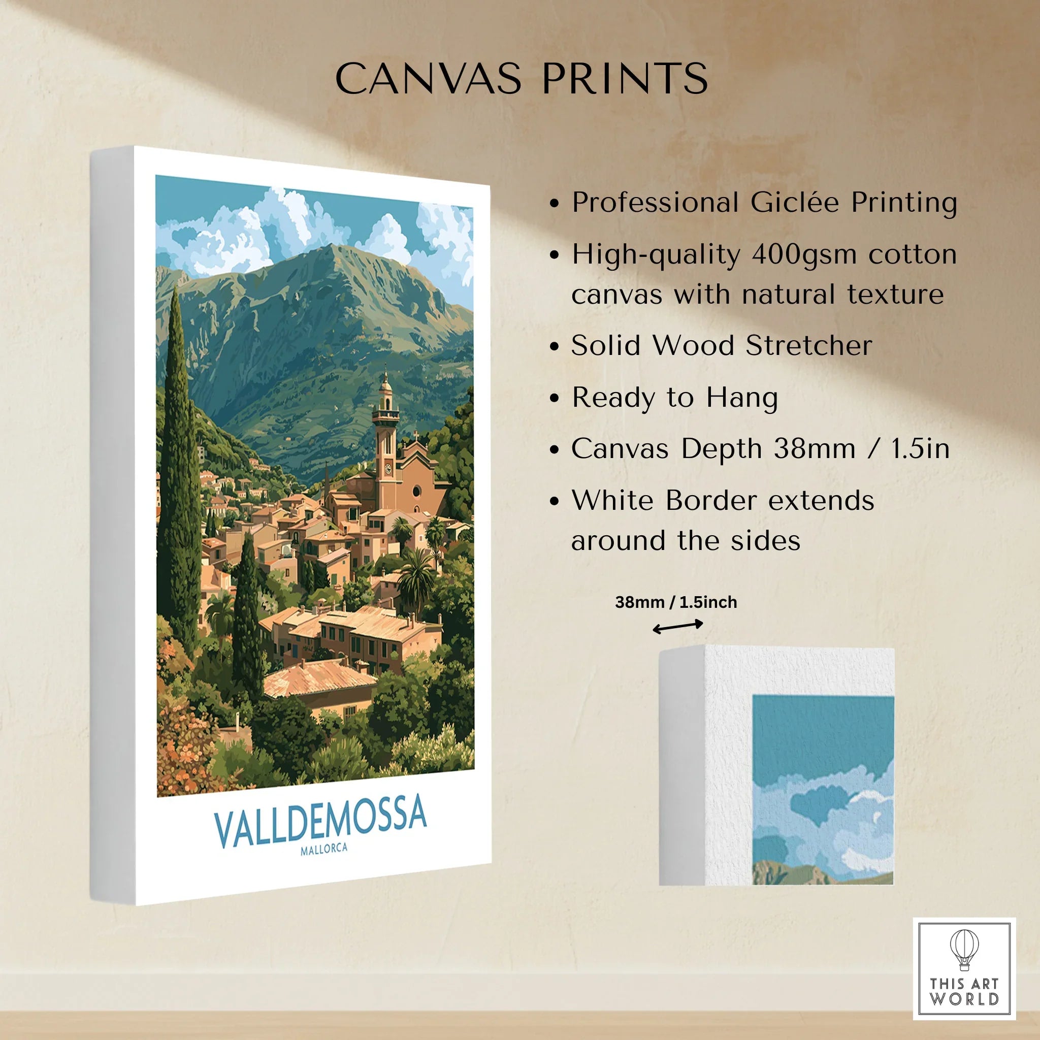 Valldemossa Mallorca Village Rooftops Wall Art — canvas print stretched cotton canvas details