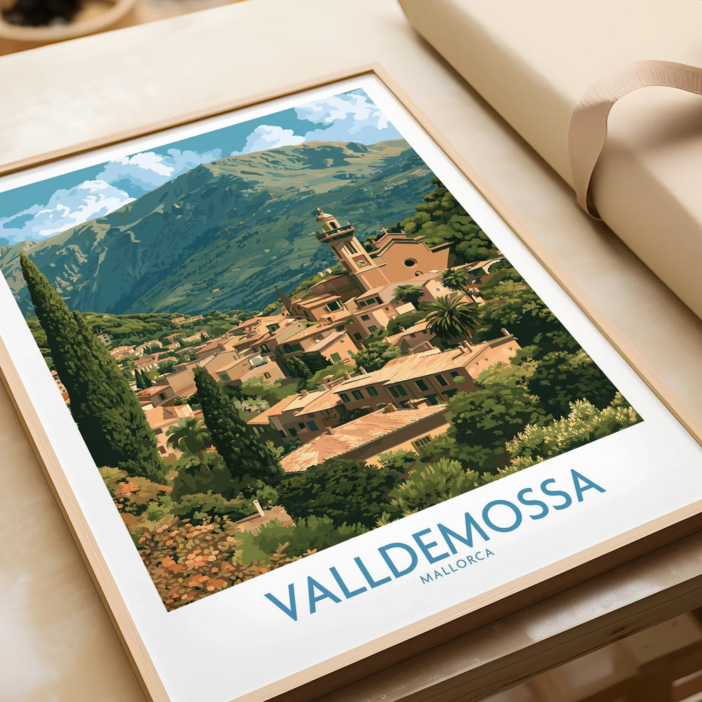 Valldemossa Mallorca Village Rooftops Wall Art — framed art print closeup gift unwrapped natural frame