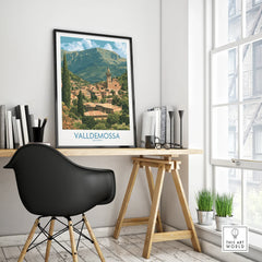Valldemossa Mallorca Village Rooftops Wall Art — framed poster black frame on office desk modern