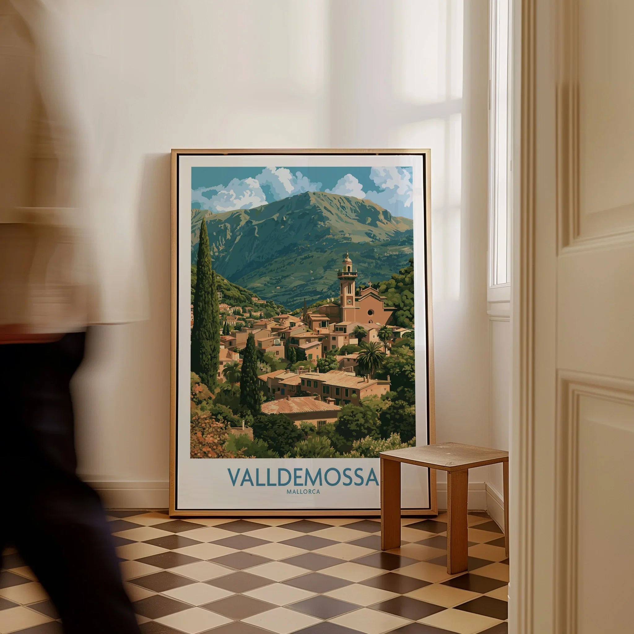 Valldemossa Mallorca Village Rooftops Wall Art — framed canvas on floor man walking past