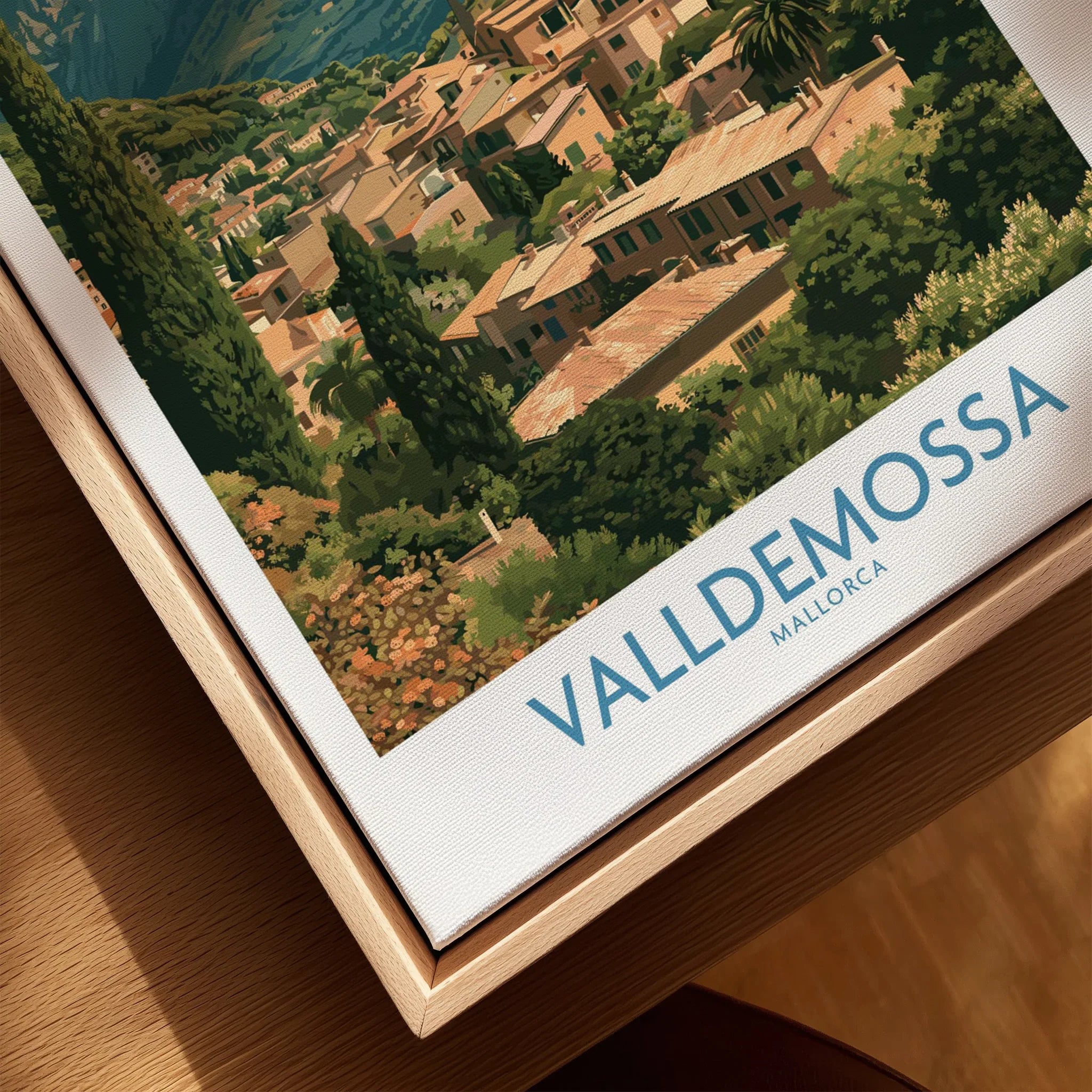 Valldemossa Mallorca Village Rooftops Wall Art — closeup framed canvas natural wood floating frame