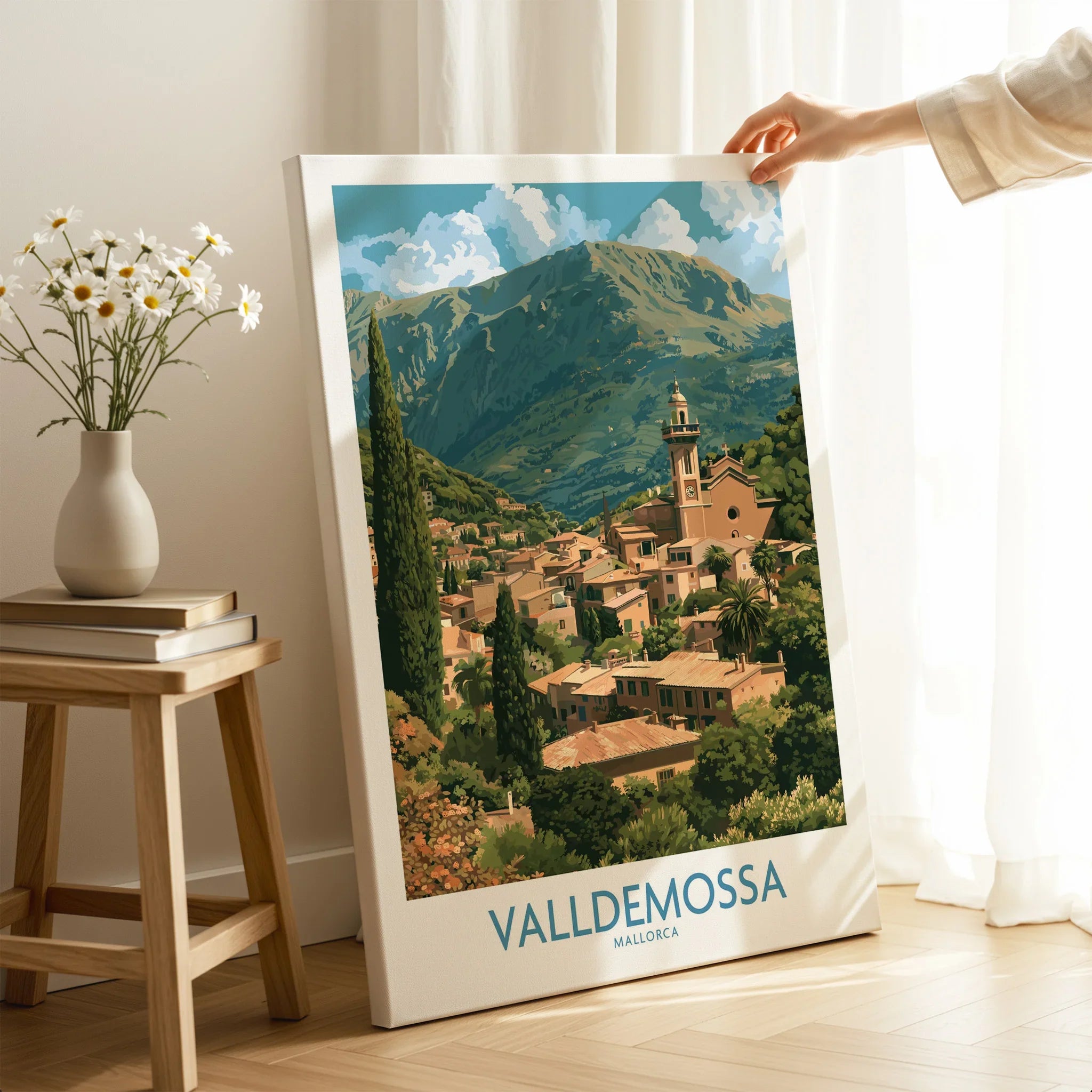 Valldemossa Mallorca Village Rooftops Wall Art — canvas print mirror edge hand holding room setting
