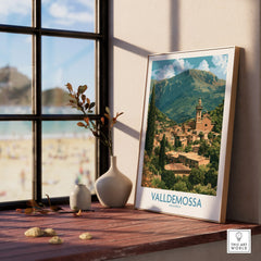 Valldemossa Mallorca Village Rooftops Wall Art — framed print window view natural wood frame