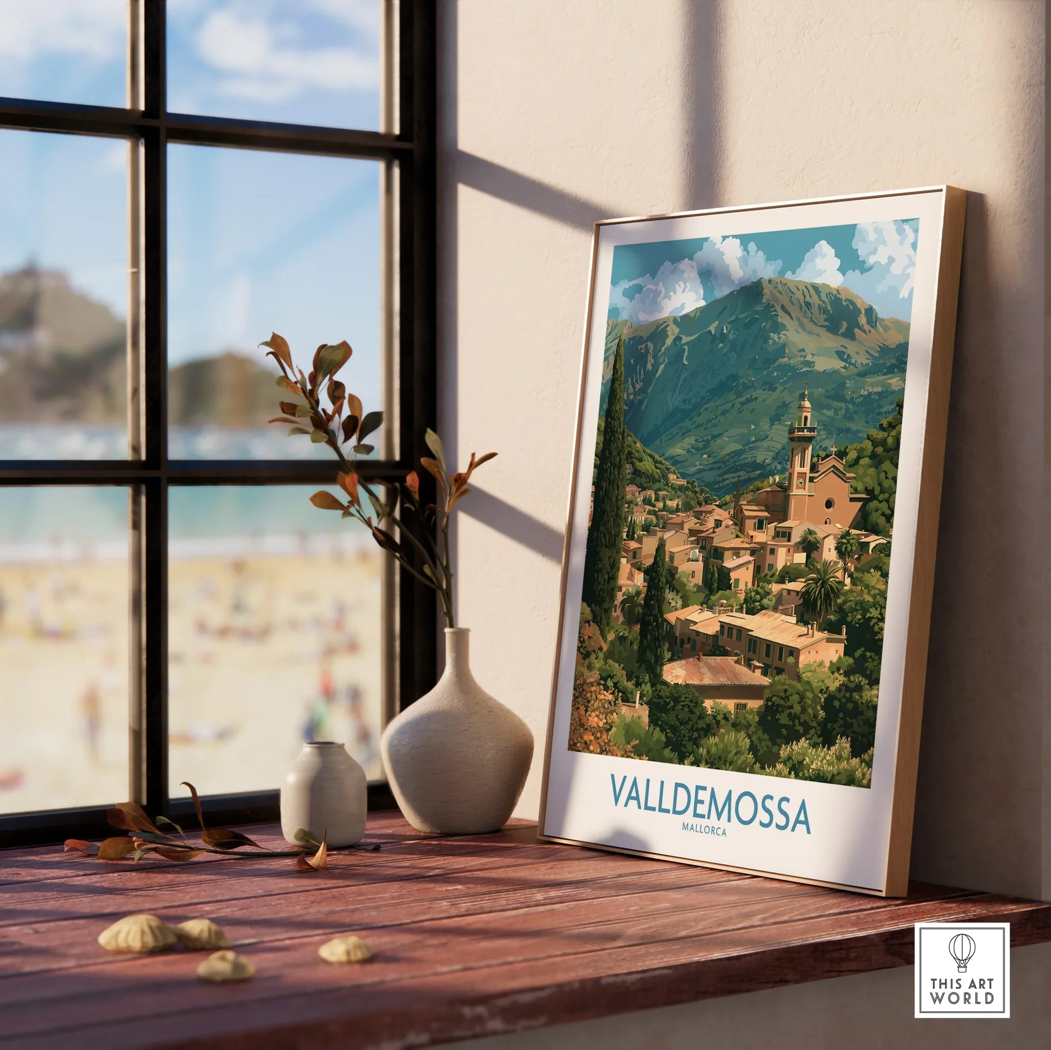 Valldemossa Mallorca Village Rooftops Wall Art — framed print window view natural wood frame