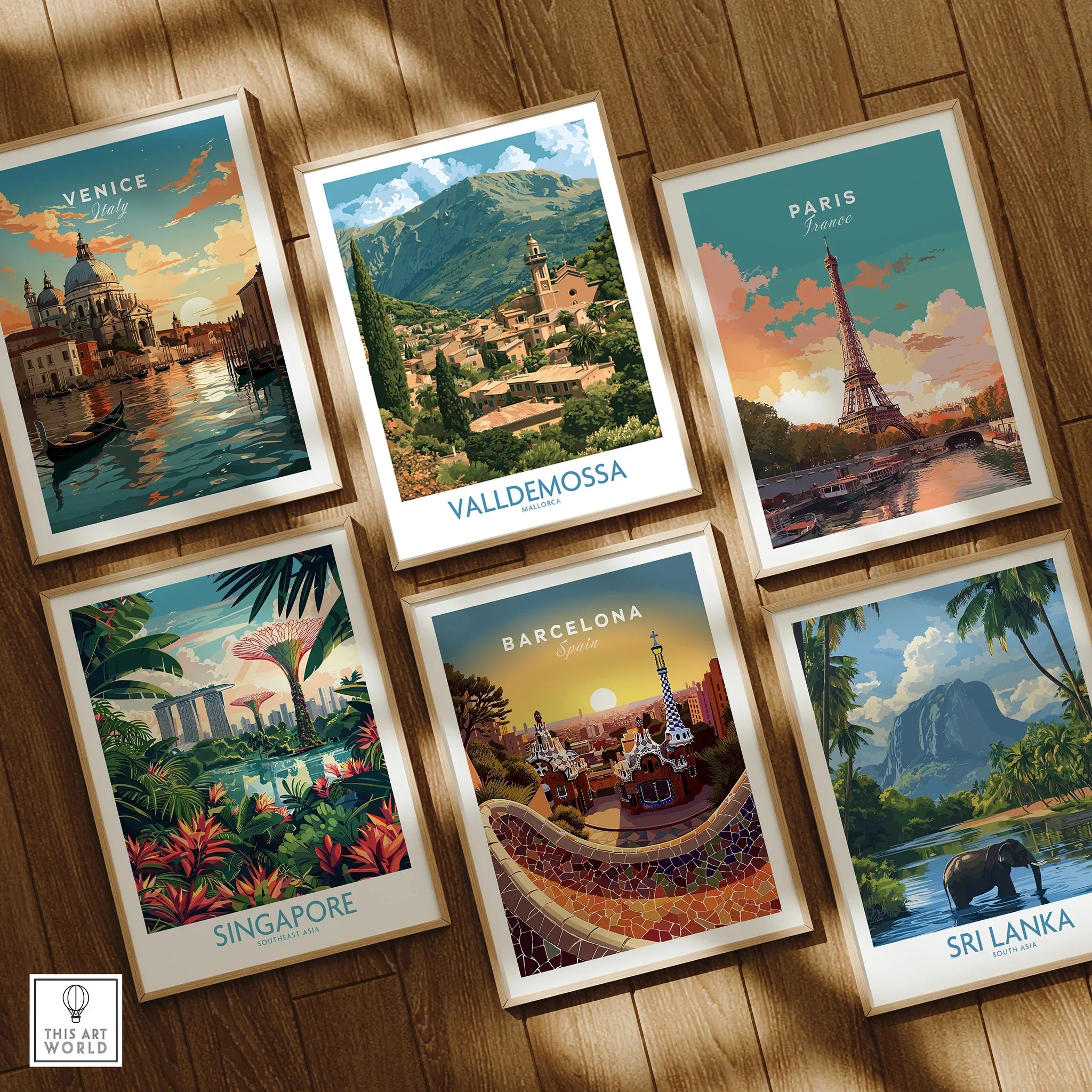Valldemossa Mallorca Village Rooftops Wall Art — set six framed art prints wooden floor natural wood frames