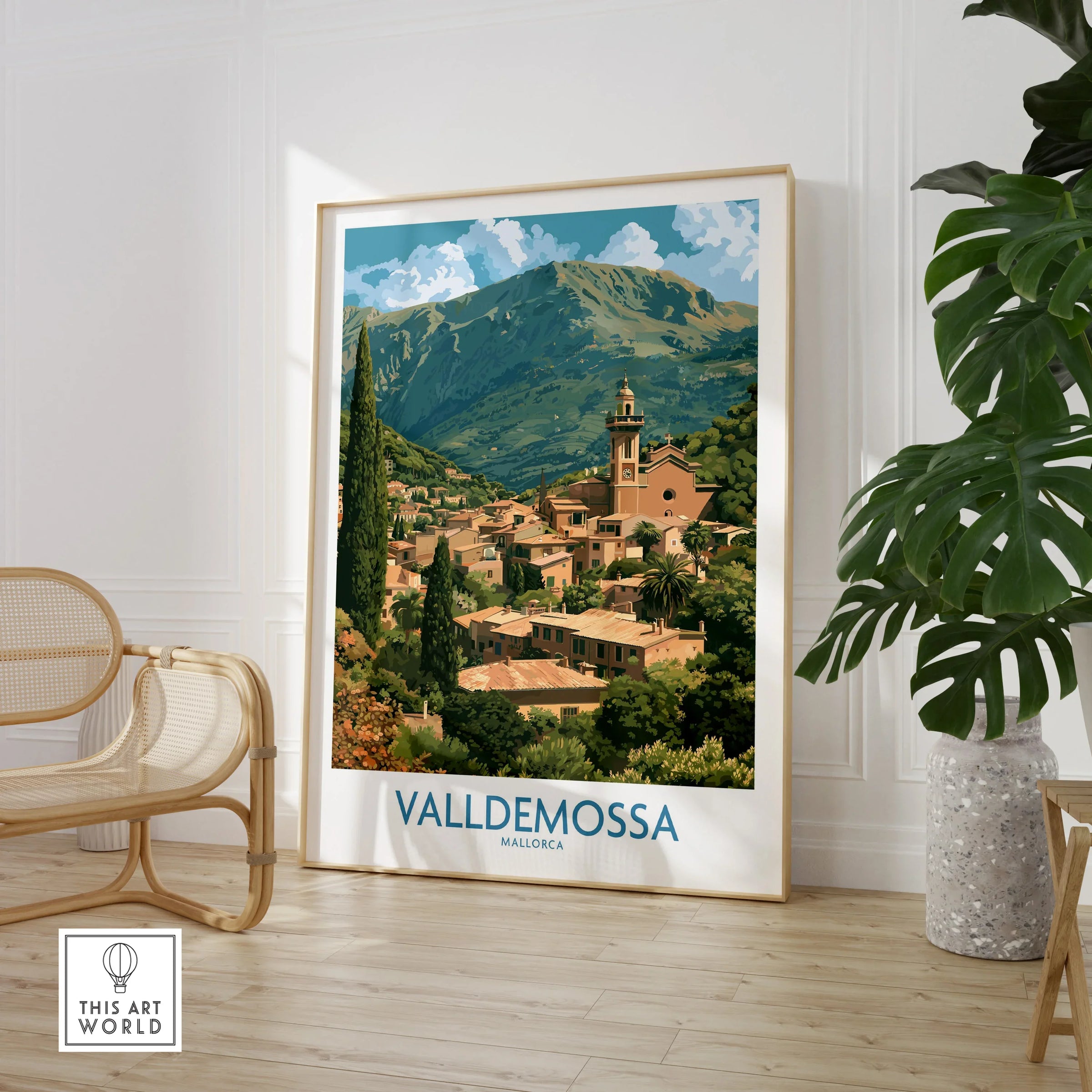Valldemossa Mallorca Village Rooftops Wall Art — large framed print room setting chair plant