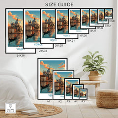 Venice Boat Print size guide with various frame dimensions displayed in a stylish home setting.