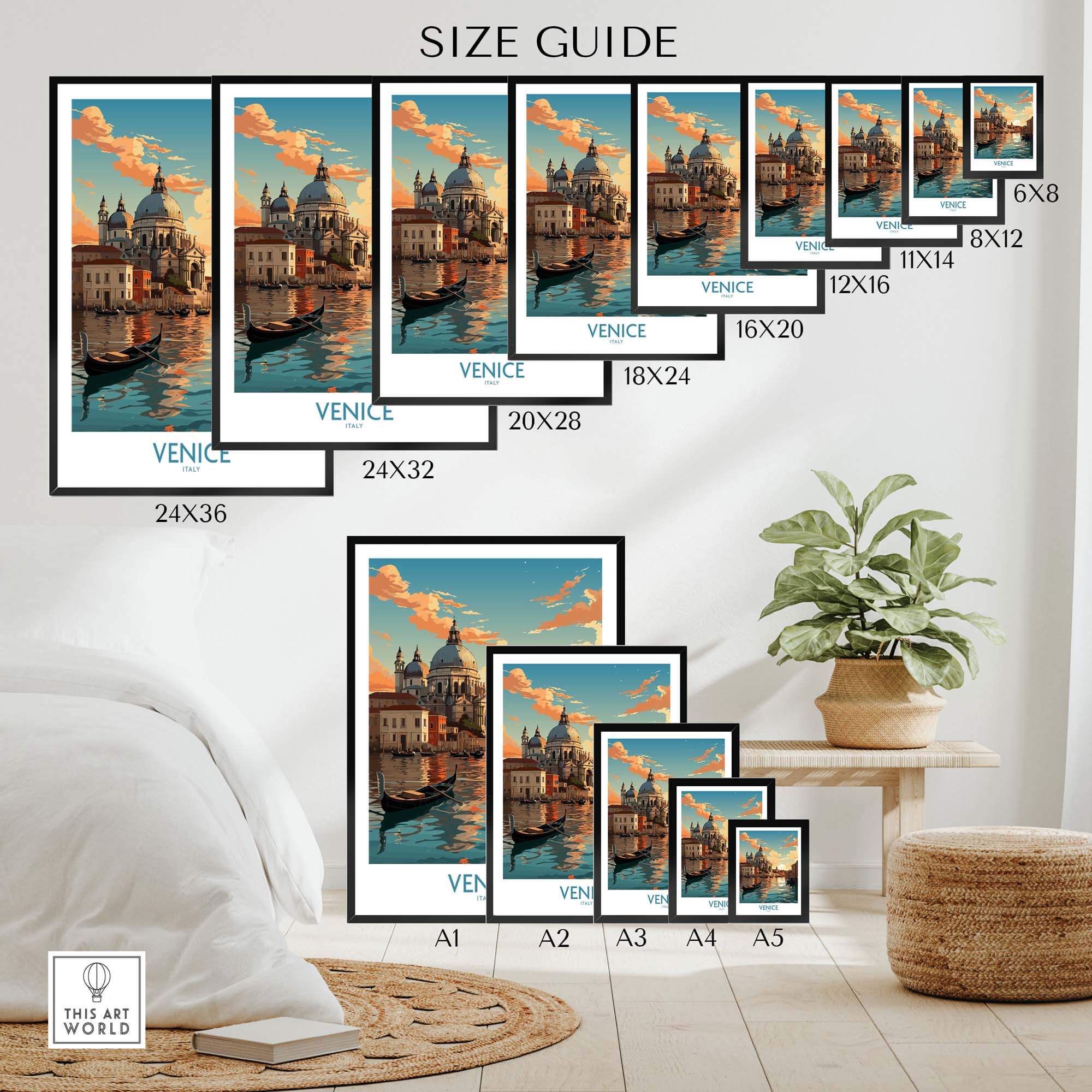 Venice Boat Print size guide with various frame dimensions displayed in a stylish home setting.