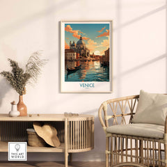 Venice boat print displayed in a stylish living room with warm sunset colors and elegant decor elements.