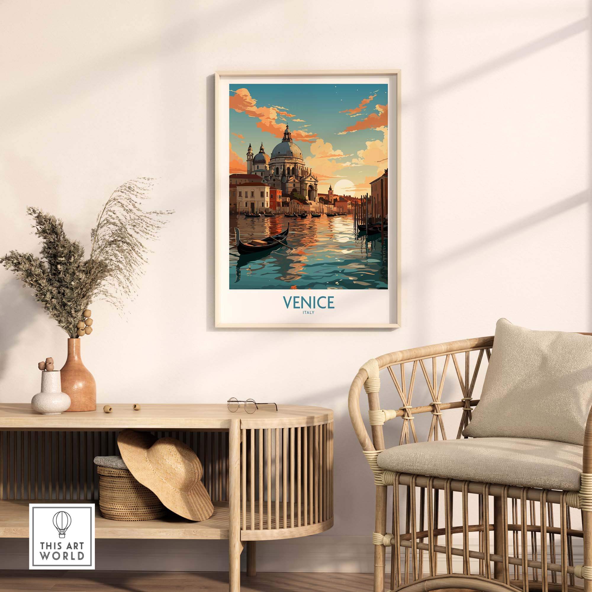 Venice boat print displayed in a stylish living room with warm sunset colors and elegant decor elements.