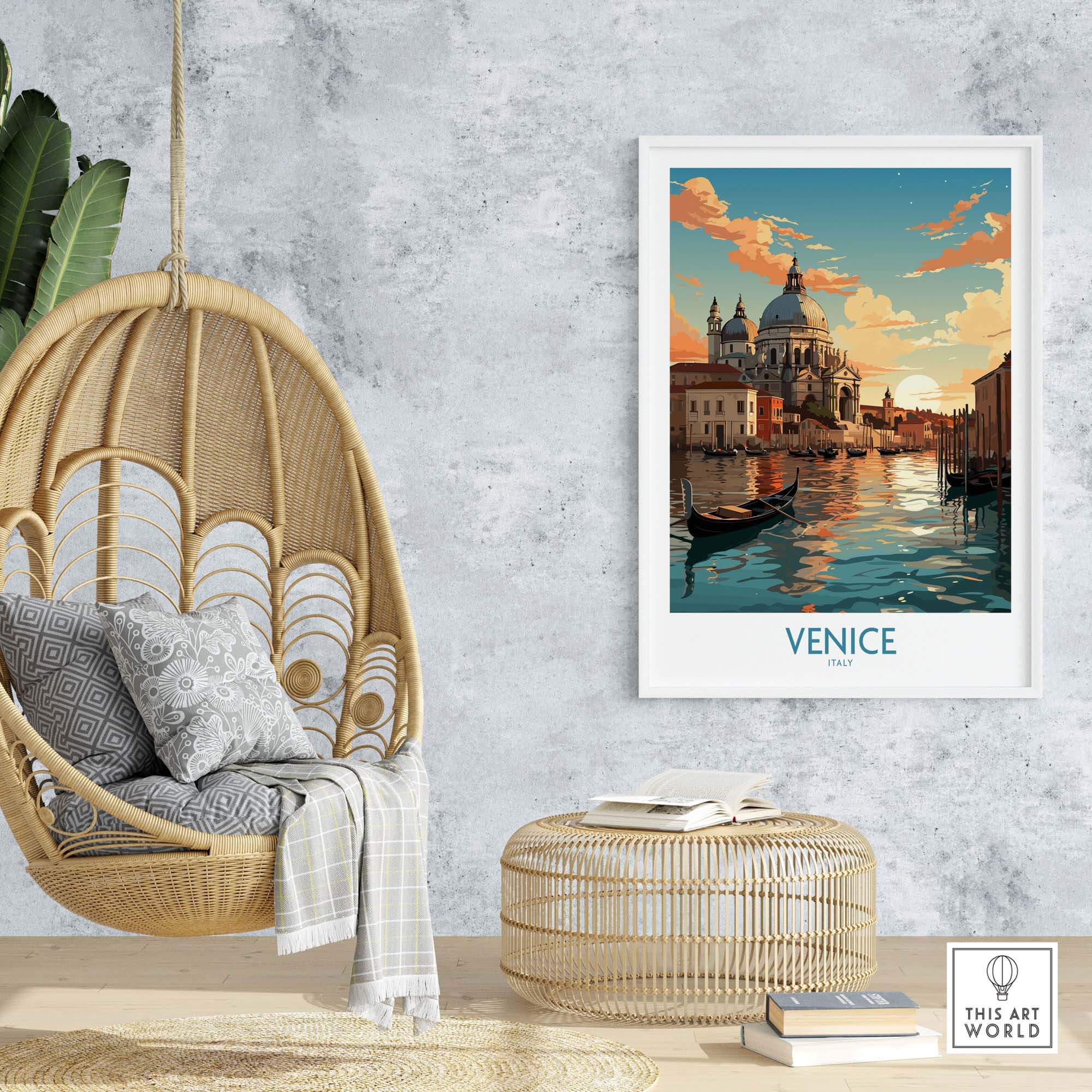 Venice boat print showcasing a vibrant sunset scene, perfect for home decor and gallery walls in Italy wall art style.