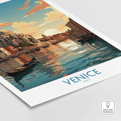 Venice boat print showcasing vibrant sunset reflections on water, perfect for Italy wall art and gallery decor.