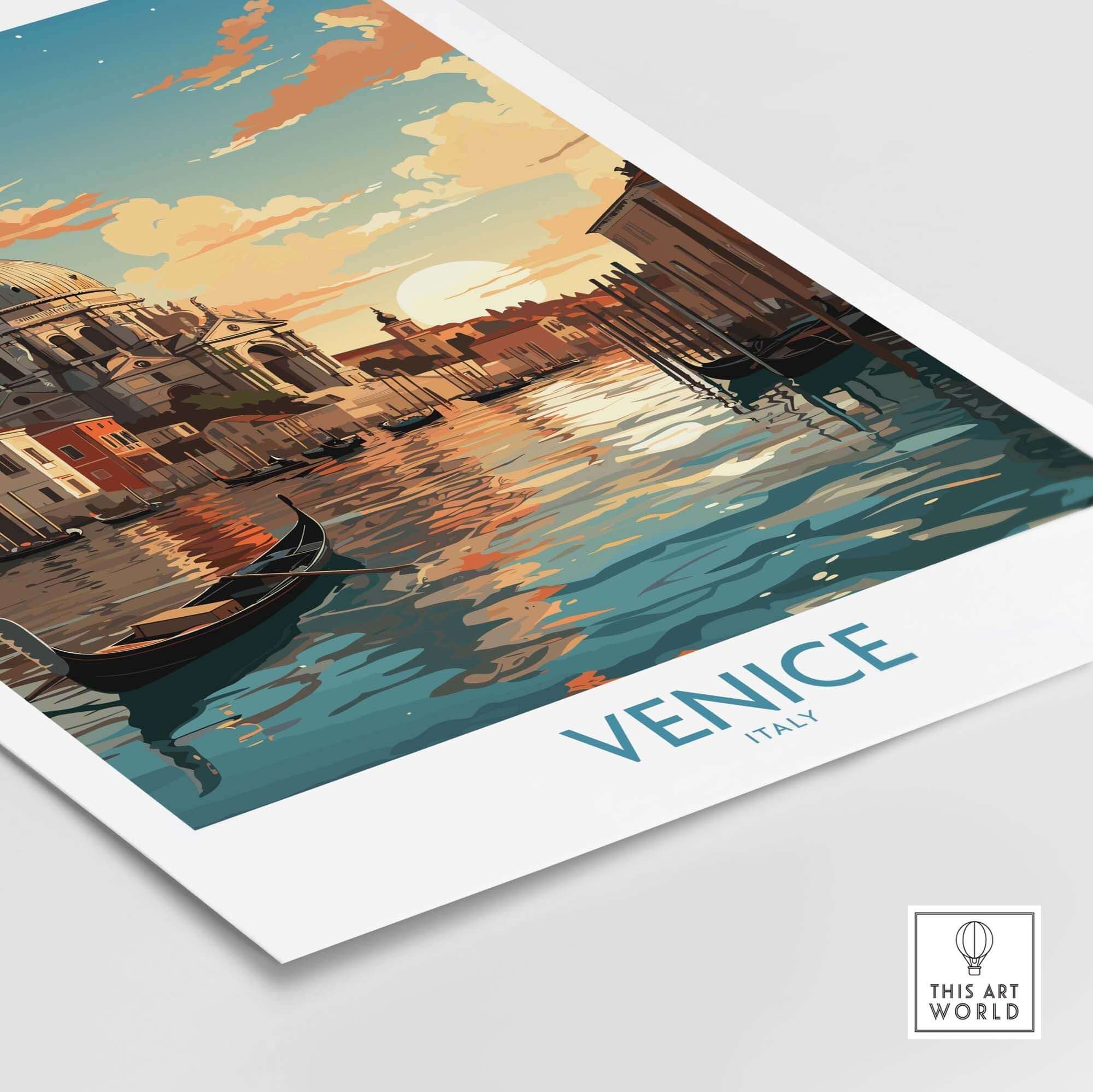 Venice boat print showcasing vibrant sunset reflections on water, perfect for Italy wall art and gallery decor.