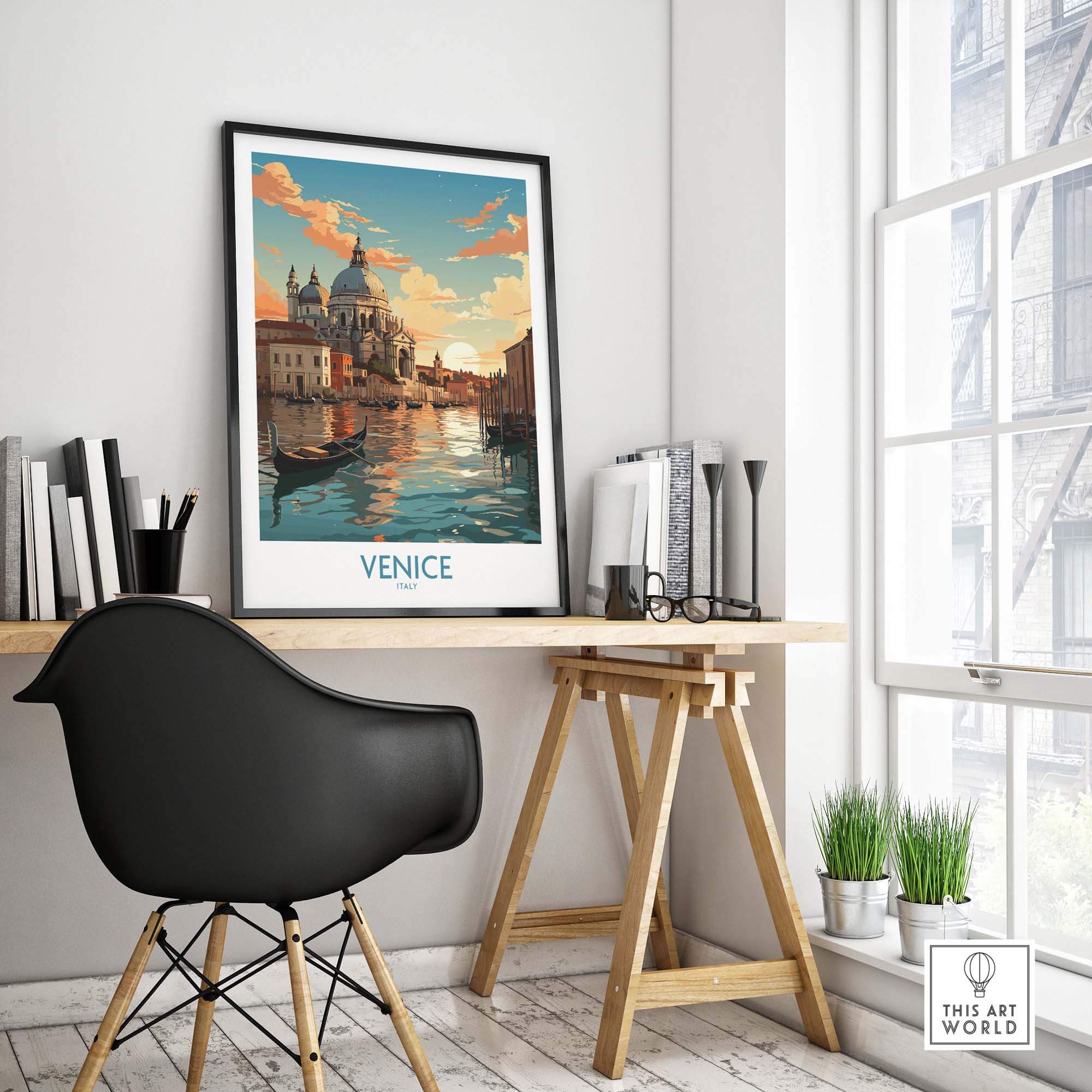 Venice boat print displayed in a stylish workspace, capturing vibrant colors and serene canal views for inspiring home decor.