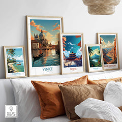 Venice boat print in a gallery wall display featuring travel-themed art from around the world, showcasing vibrant colors.