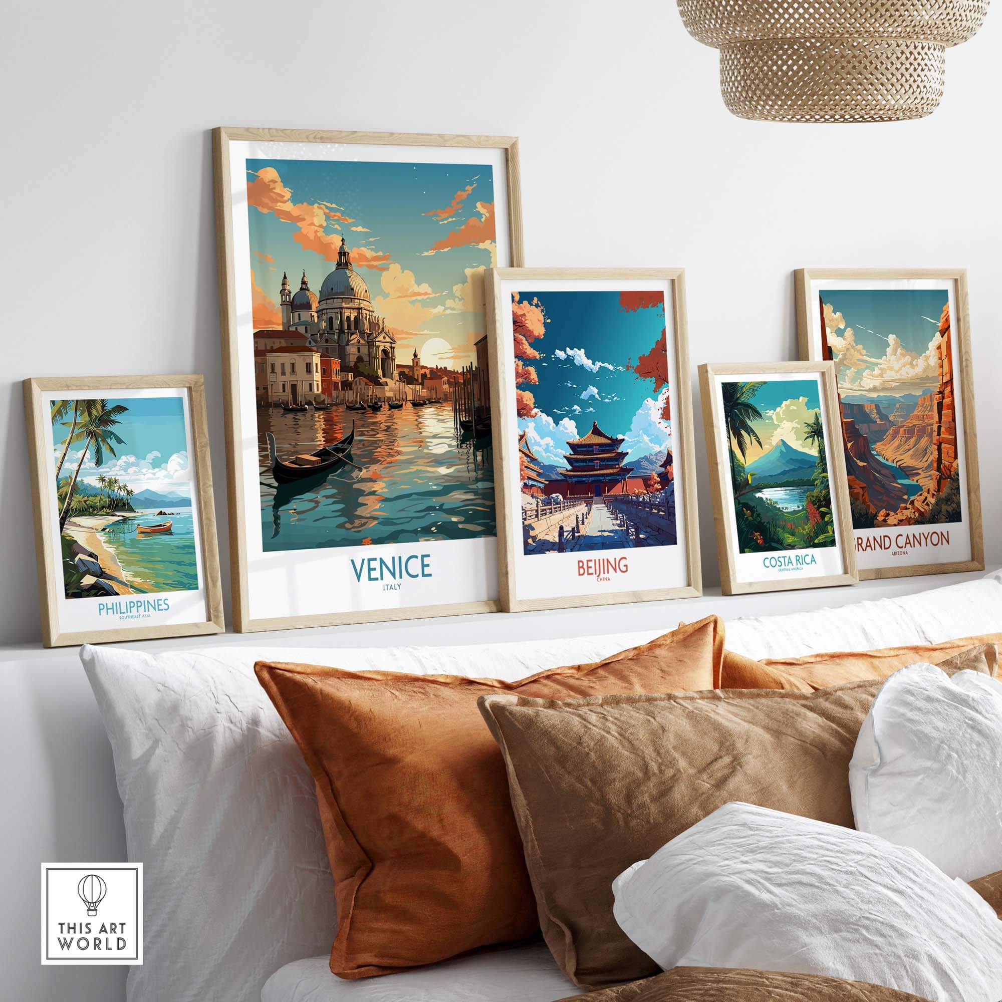 Venice boat print in a gallery wall display featuring travel-themed art from around the world, showcasing vibrant colors.