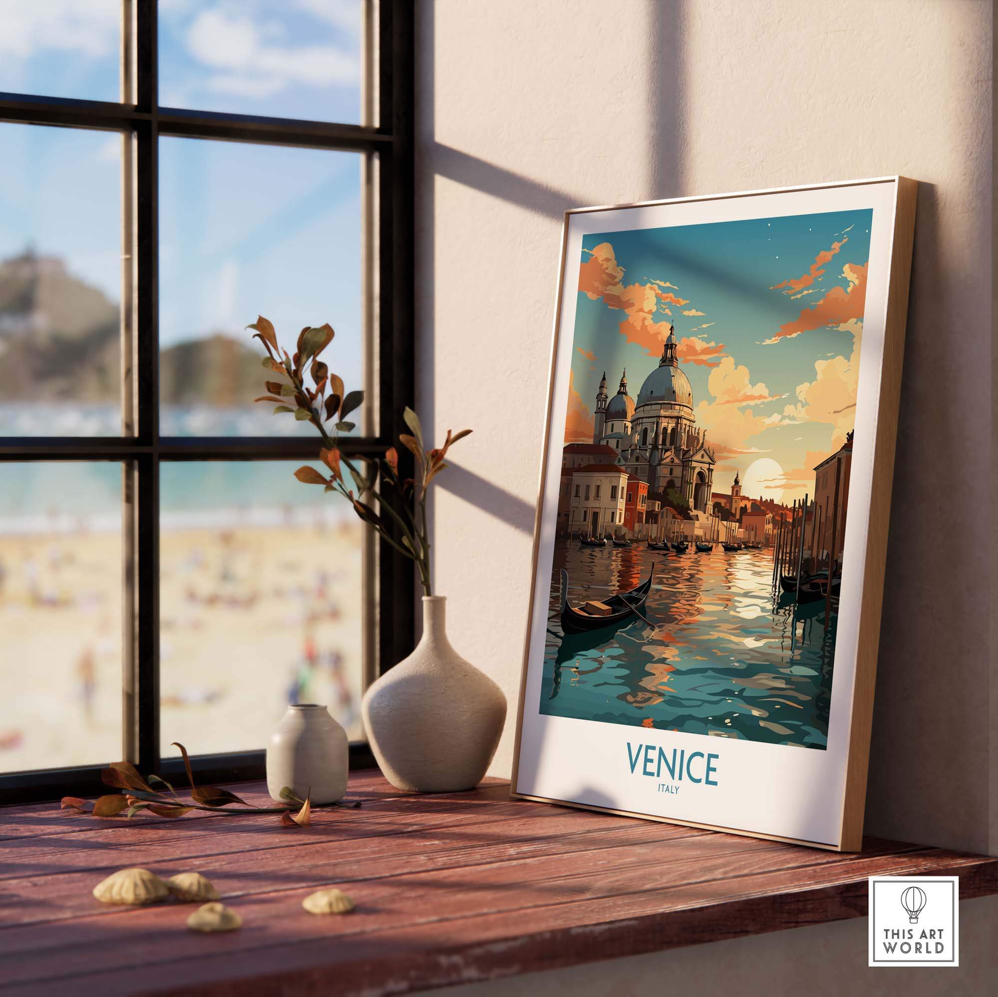 Venice boat print displayed in a sunny room, showcasing vibrant colors and capturing the essence of Italian travel memories.