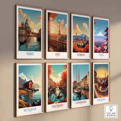 Vibrant gallery wall art featuring city prints of Venice, Paris, Florence, Tokyo, Reykjavik, Amsterdam, Copenhagen, and Barcelona.
