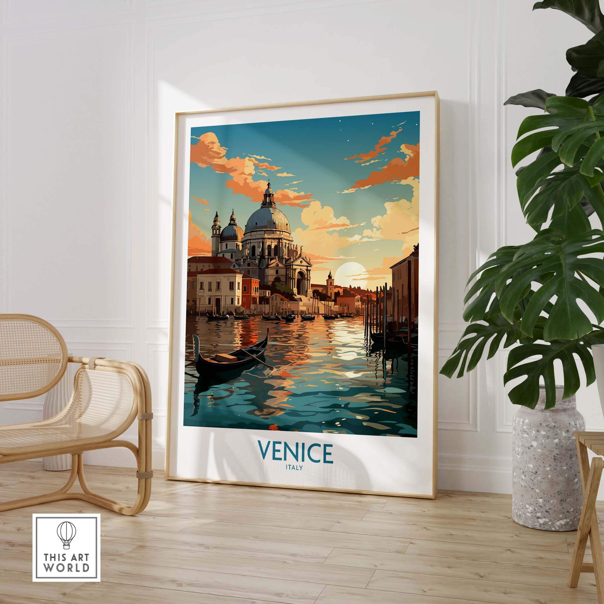 Stunning Venice boat print showcasing vibrant colors and iconic architecture, perfect for home decor and gallery walls.