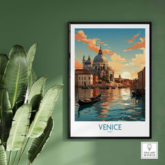 Venice boat print showcasing vibrant colors and stunning architecture, capturing the essence of Italy's picturesque sunsets.